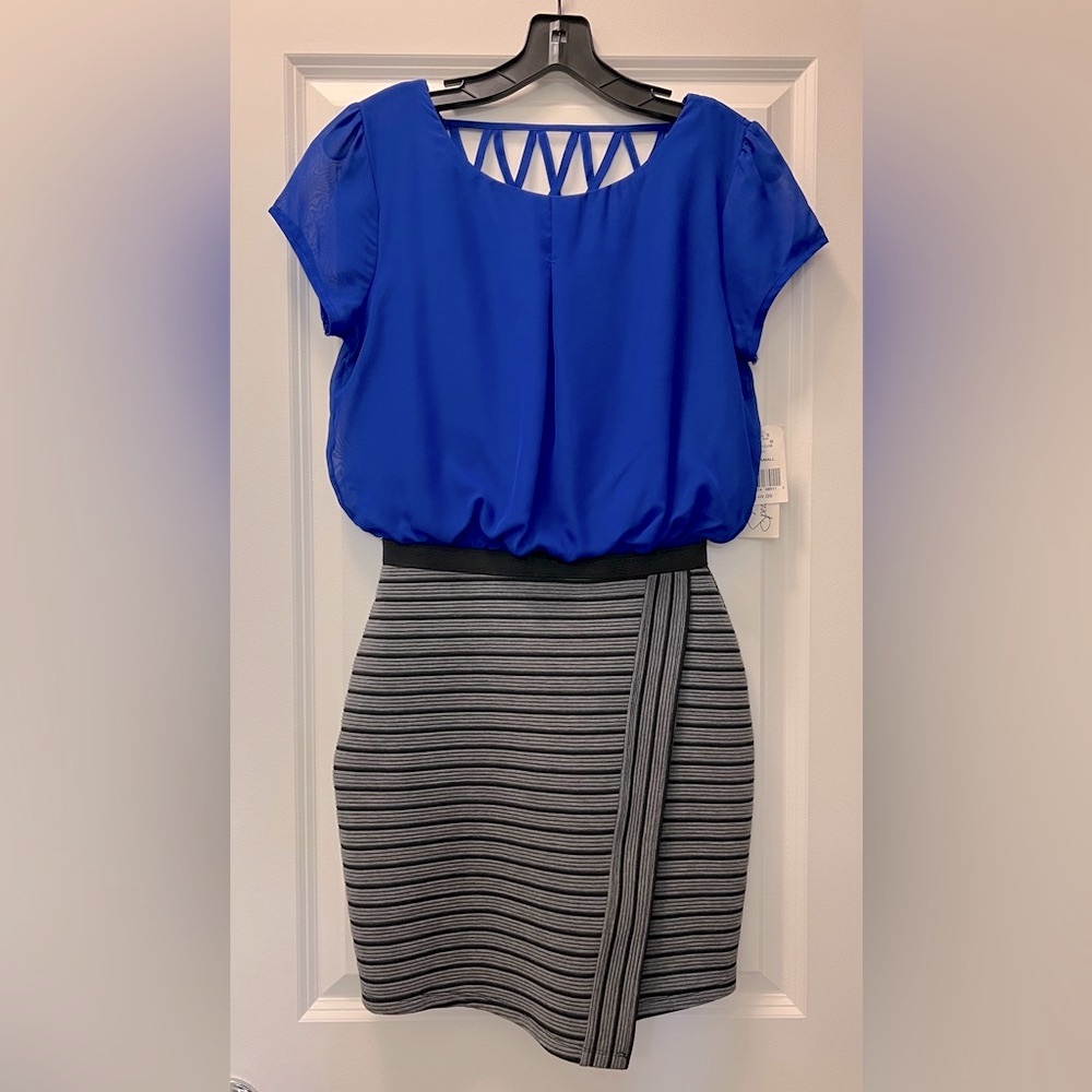 NWT SPEECHLESS Mini Dress With Pencil Skirt And Blouse-Royal Blue/Black Striped